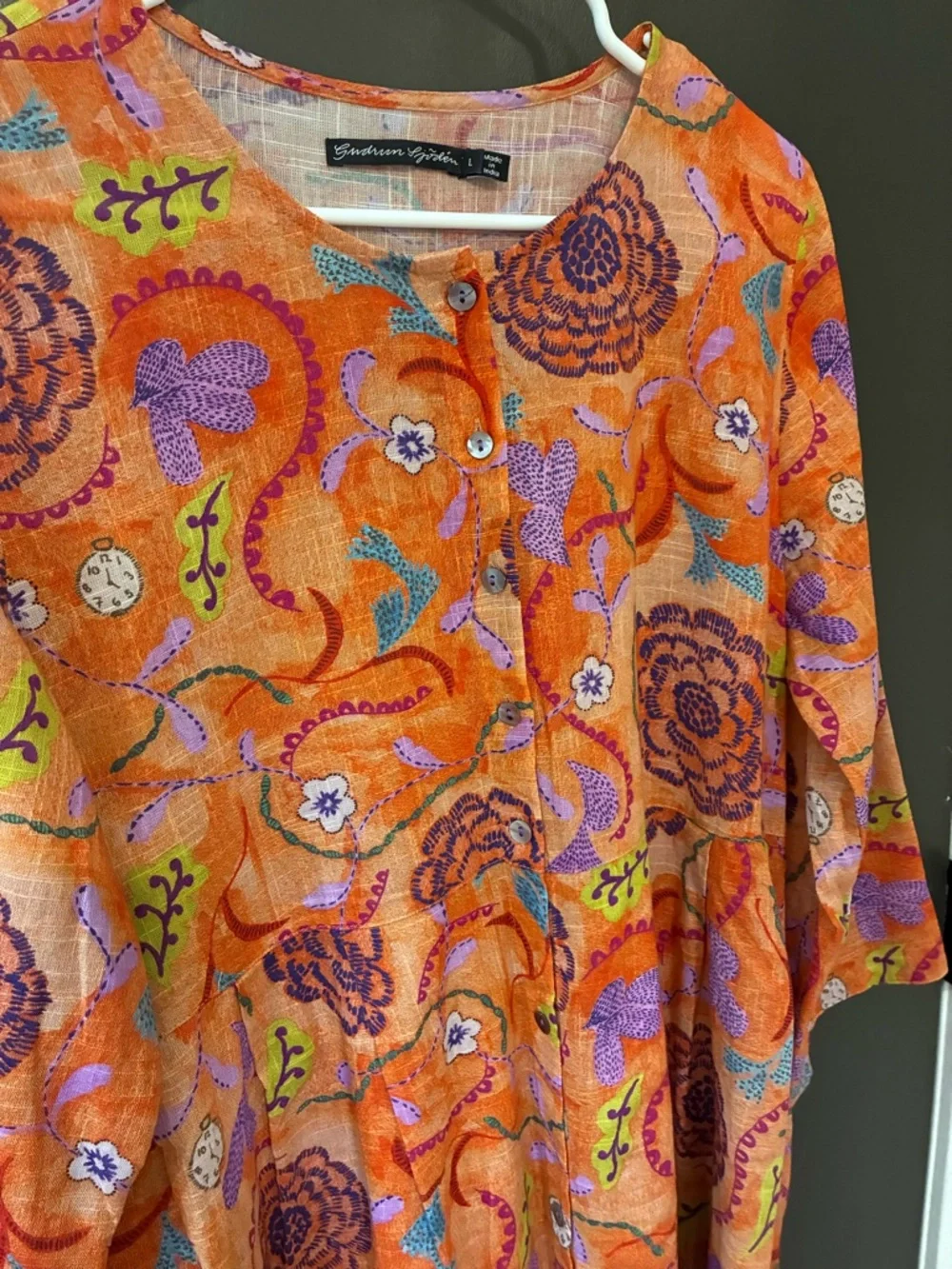 GUDRUN SJODEN like new Orange Floral organic cotton Maxi Dress w Purple Accents - Picture 2 of 9
